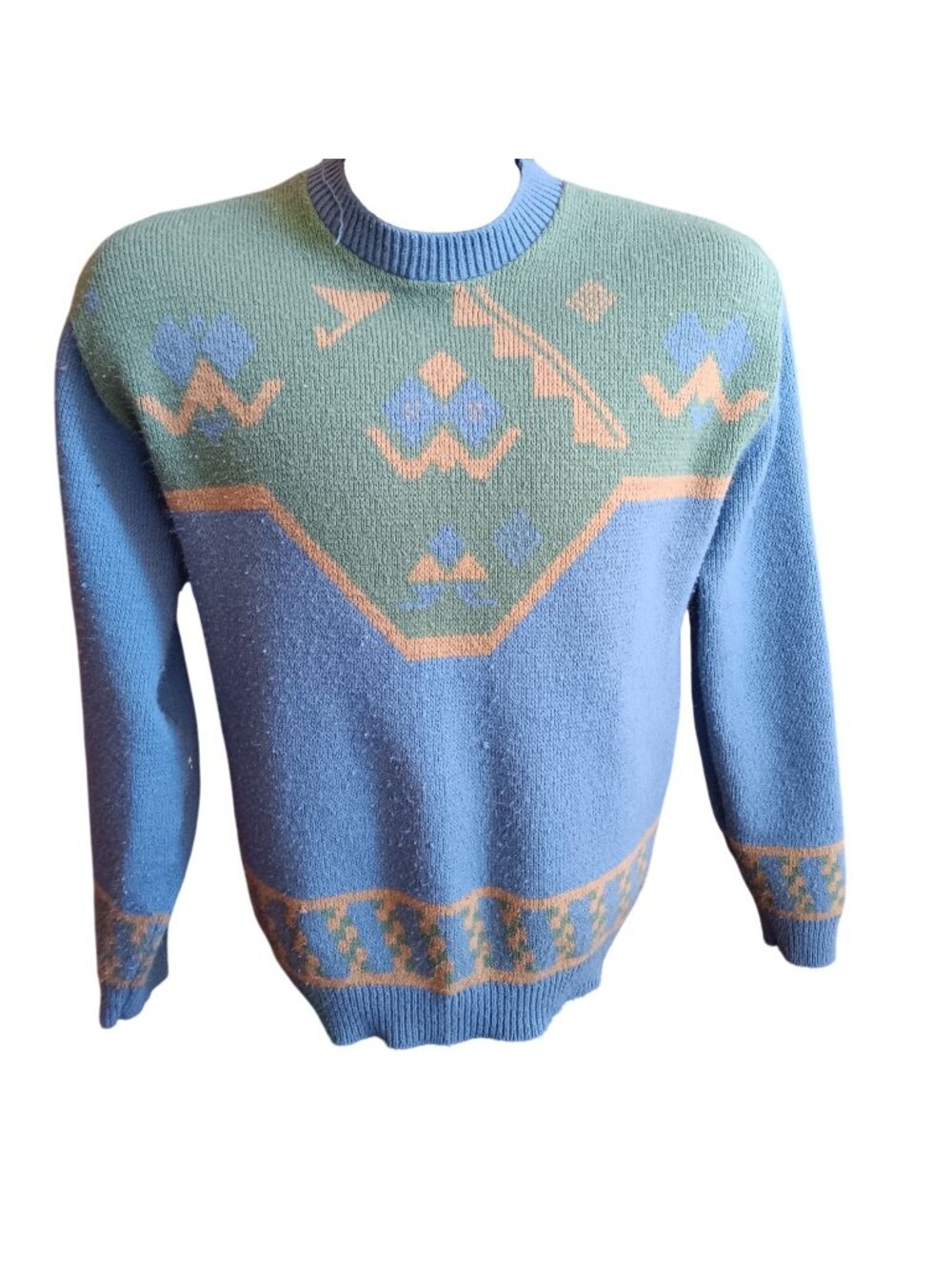 Vintage 1980's JCPenney Dad Sweater Large Blue Green Geometric Crewneck